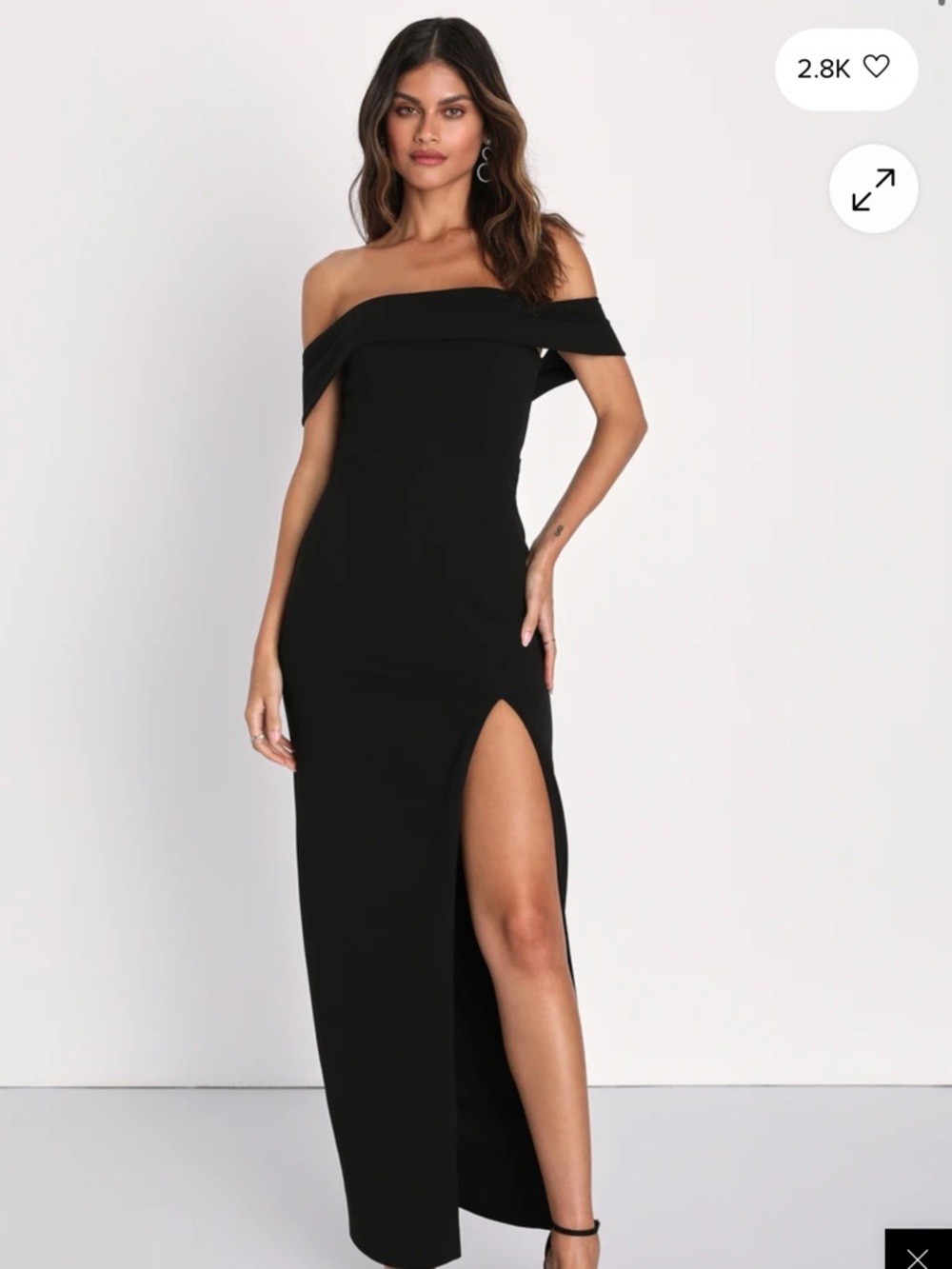 Lulu's Black Off Shoulder Maxi Dress with sexy High Leg Slit / Medium